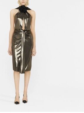 NWT SAINT LAURENT FLORAL DETAIL LAMINATED FINISH DRESS GOLD